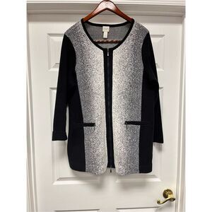 Chico’s Black & Gray Marked Knit Long Line Zio Up Cardigan Jacket sz 3 or XL